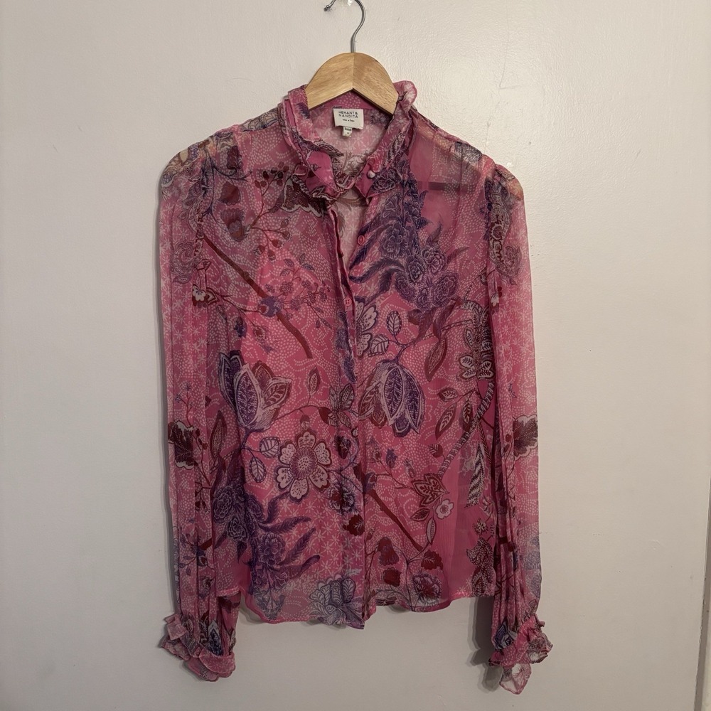 Hemant Nandita Anthropologie Women's Amal Pink Floral Ruffle Top Size Small $253